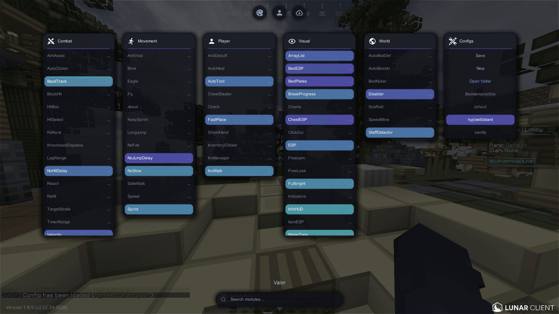 Valor v2 ClickGUI showing module categories and configurations on Lunar Client