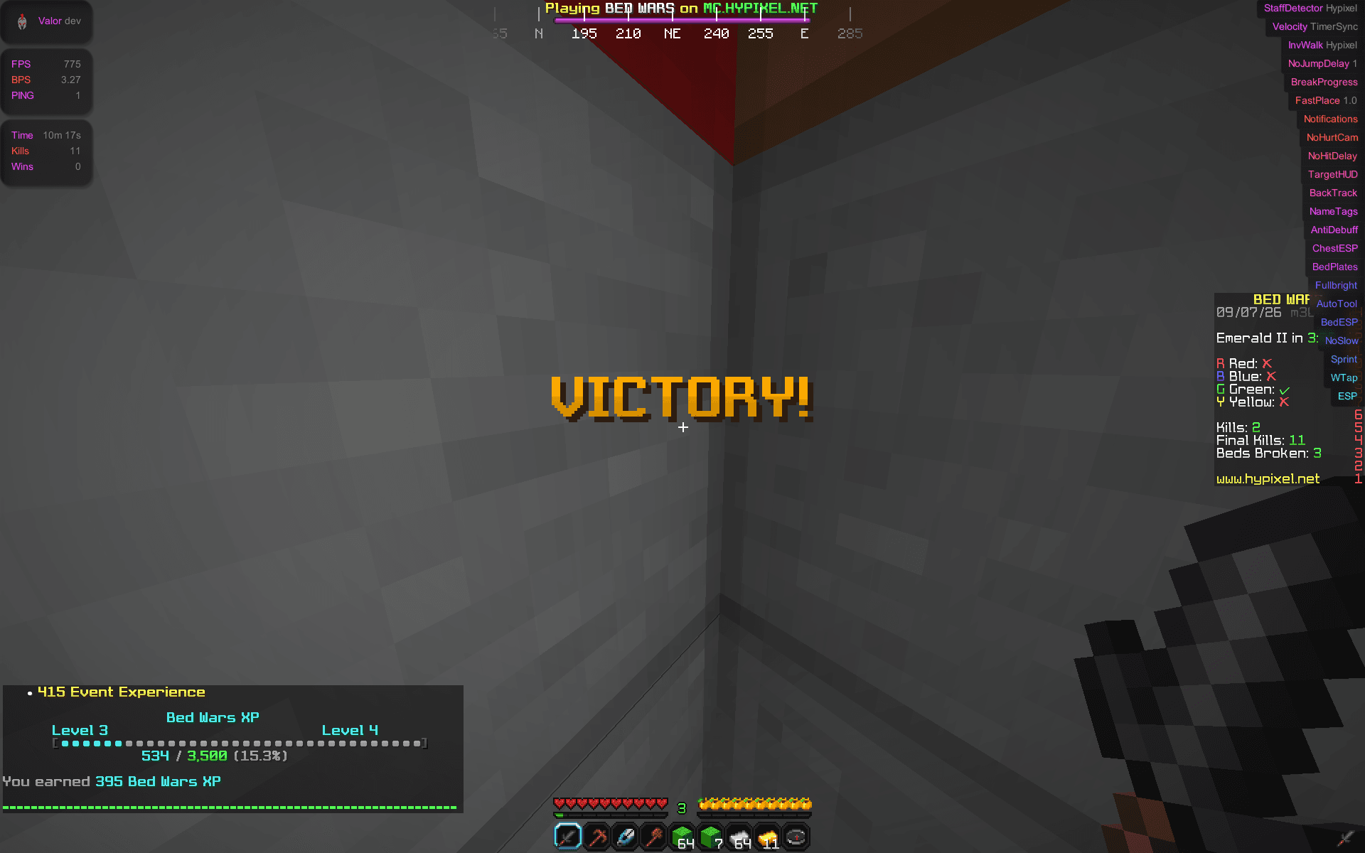 Valor v2 active during a Bed Wars victory